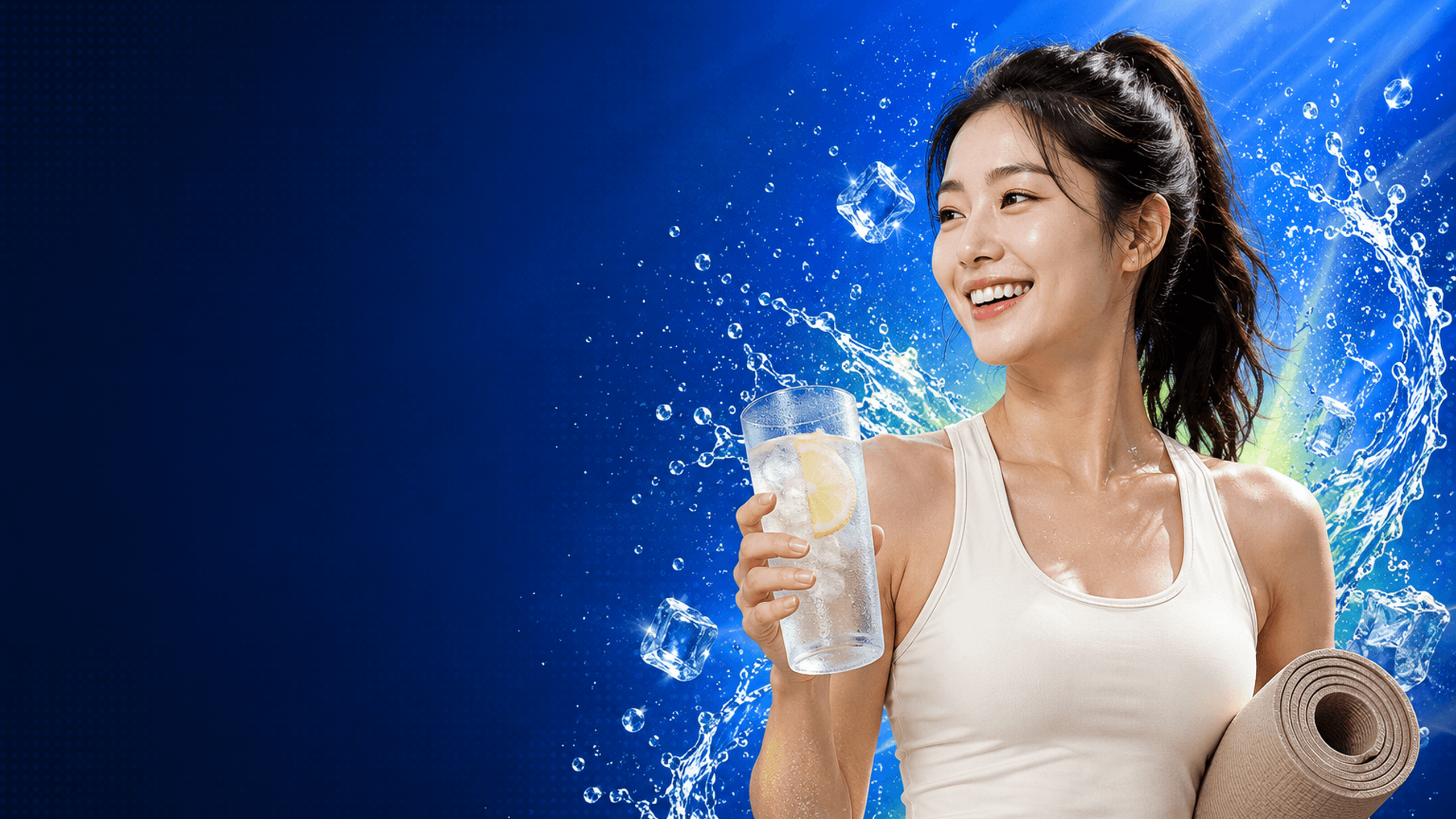 운동복을 입은 여성이 요가매트를 들고 얼음이 담긴 레몬수를 든 채 시원하게 웃고 있는 모습